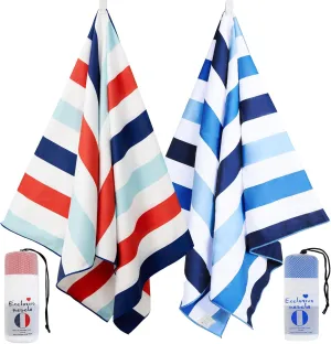 Exclusivo Mezcla 2 Pack Oversized Quick Dry Beach Towels, Microfiber Sand Free Cabana Stripe Pool Bath Swim Towel with Bag, Lightweight and Thin (Blue and Navy, 35x70 Inches)