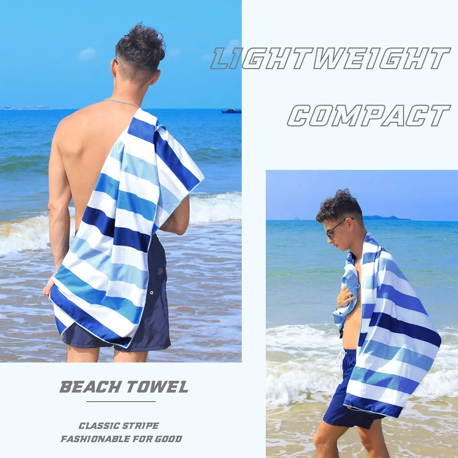 Exclusivo Mezcla 2 Pack Oversized Quick Dry Beach Towels, Microfiber Sand Free Cabana Stripe Pool Bath Swim Towel with Bag, Lightweight and Thin (Blue and Navy, 35x70 Inches)