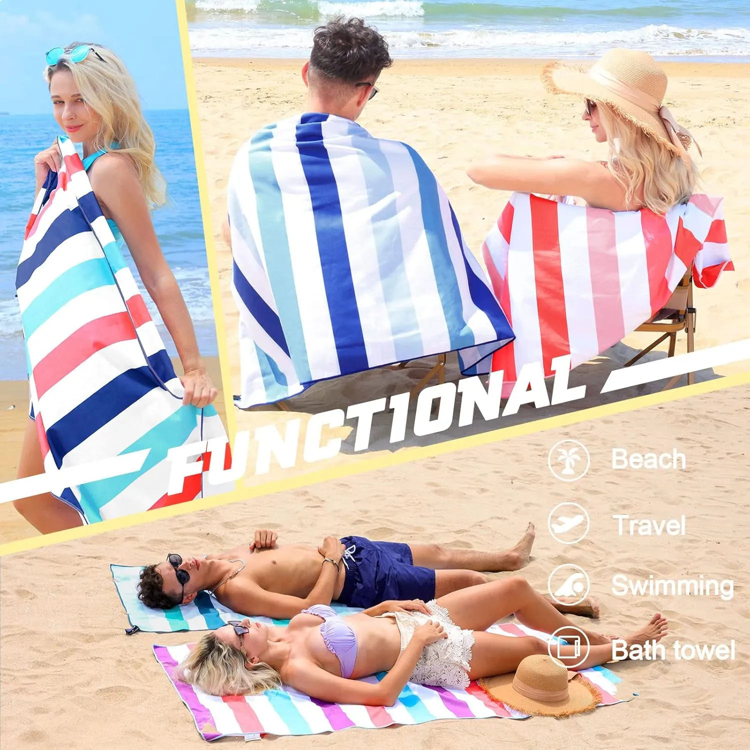 Exclusivo Mezcla 6 Pack Large Quick Dry Beach Towels, Microfiber Sand Free Cabana Stripe Pool Bath Swim Towel with Bag, Lightweight and Thin (Multi, 30x60 Inches)