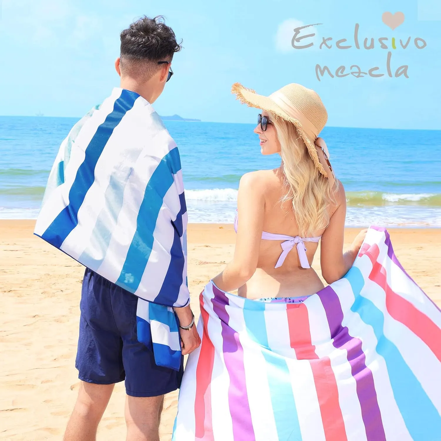 Exclusivo Mezcla 6 Pack Large Quick Dry Beach Towels, Microfiber Sand Free Cabana Stripe Pool Bath Swim Towel with Bag, Lightweight and Thin (Multi, 30x60 Inches)