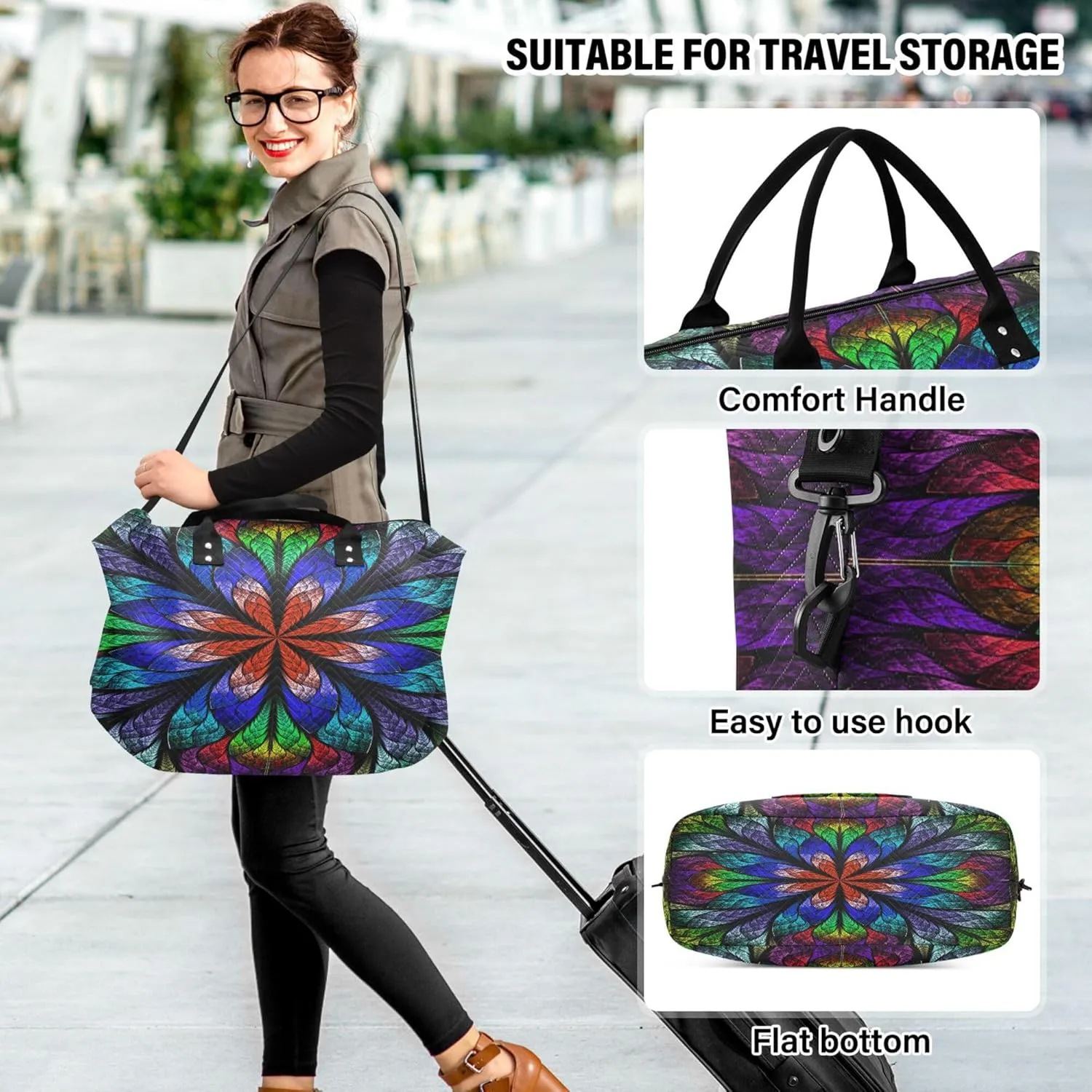 Exnundod Women Weekender Bags Abstract Flowers Travel Duffel Bags Carry On Overnight Bag Mandala Large Hospital Tote Luggage