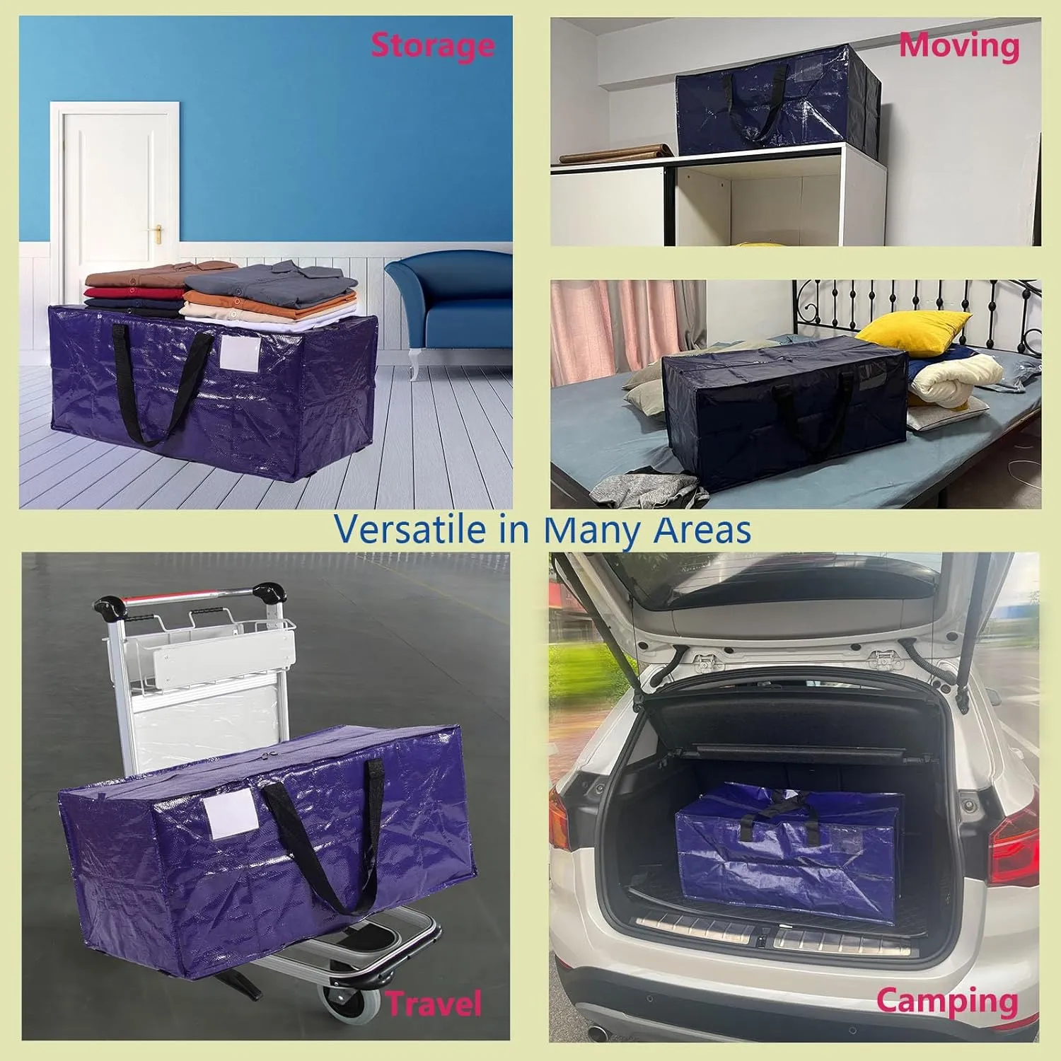 Extra Large Moving Bags,Collapsible Storage Bins,Heavy Duty Tote,Oversized Packing Supplies with Strong Handles,Large Bags With Smooth Zipper,Storage Boxes Alternative (Blue,4Pack)