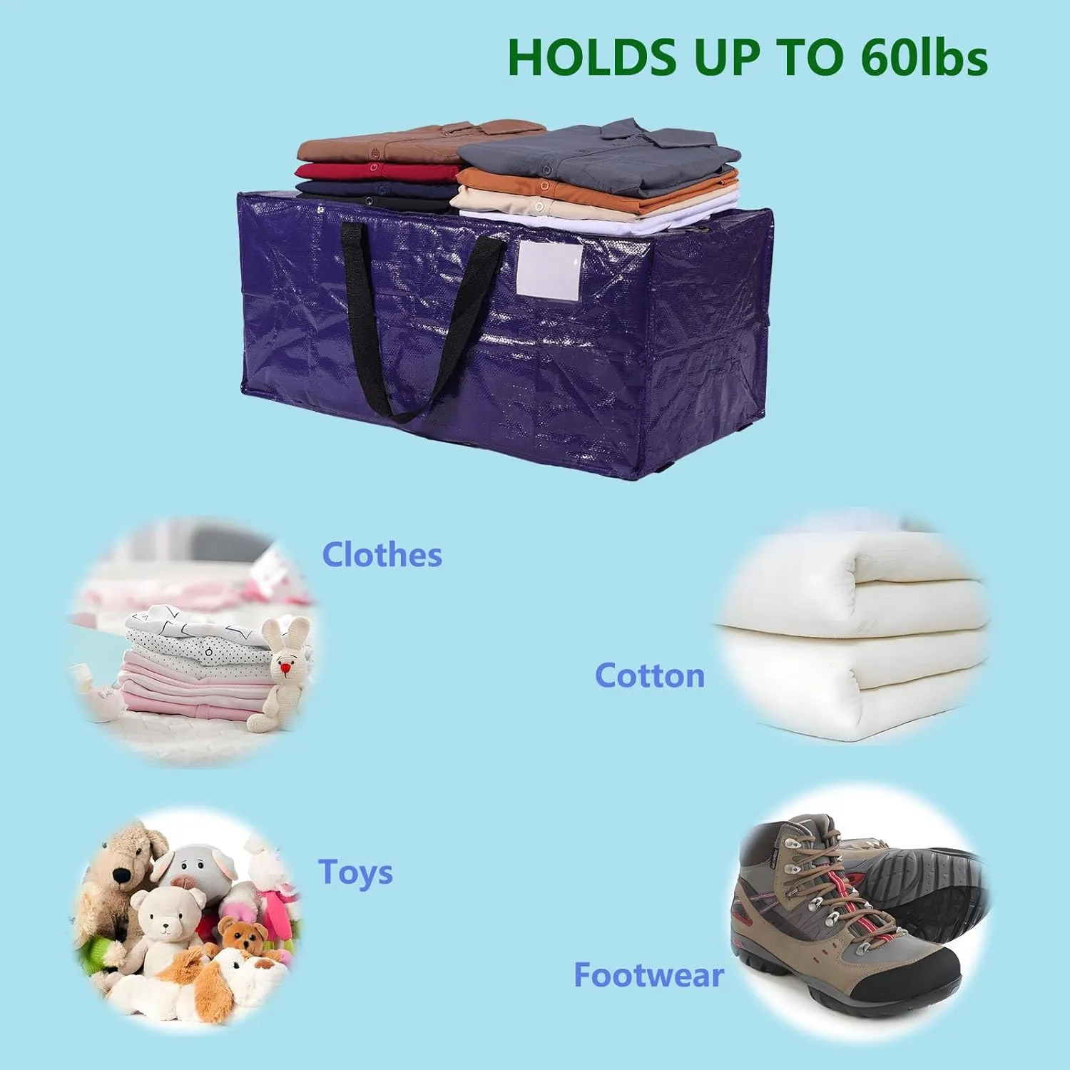Extra Large Moving Bags,Collapsible Storage Bins,Heavy Duty Tote,Oversized Packing Supplies with Strong Handles,Large Bags With Smooth Zipper,Storage Boxes Alternative (Blue,4Pack)