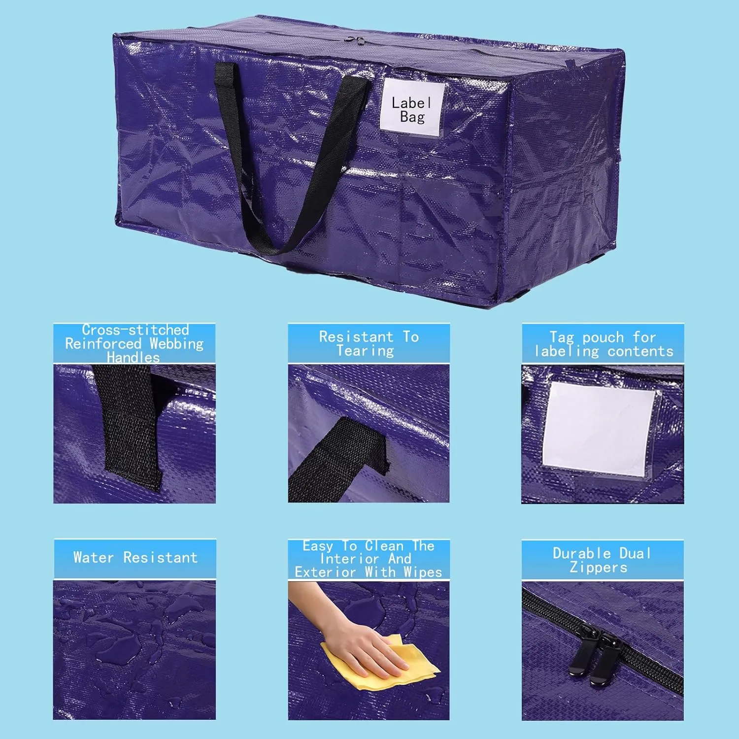 Extra Large Moving Bags,Collapsible Storage Bins,Heavy Duty Tote,Oversized Packing Supplies with Strong Handles,Large Bags With Smooth Zipper,Storage Boxes Alternative (Blue,4Pack)