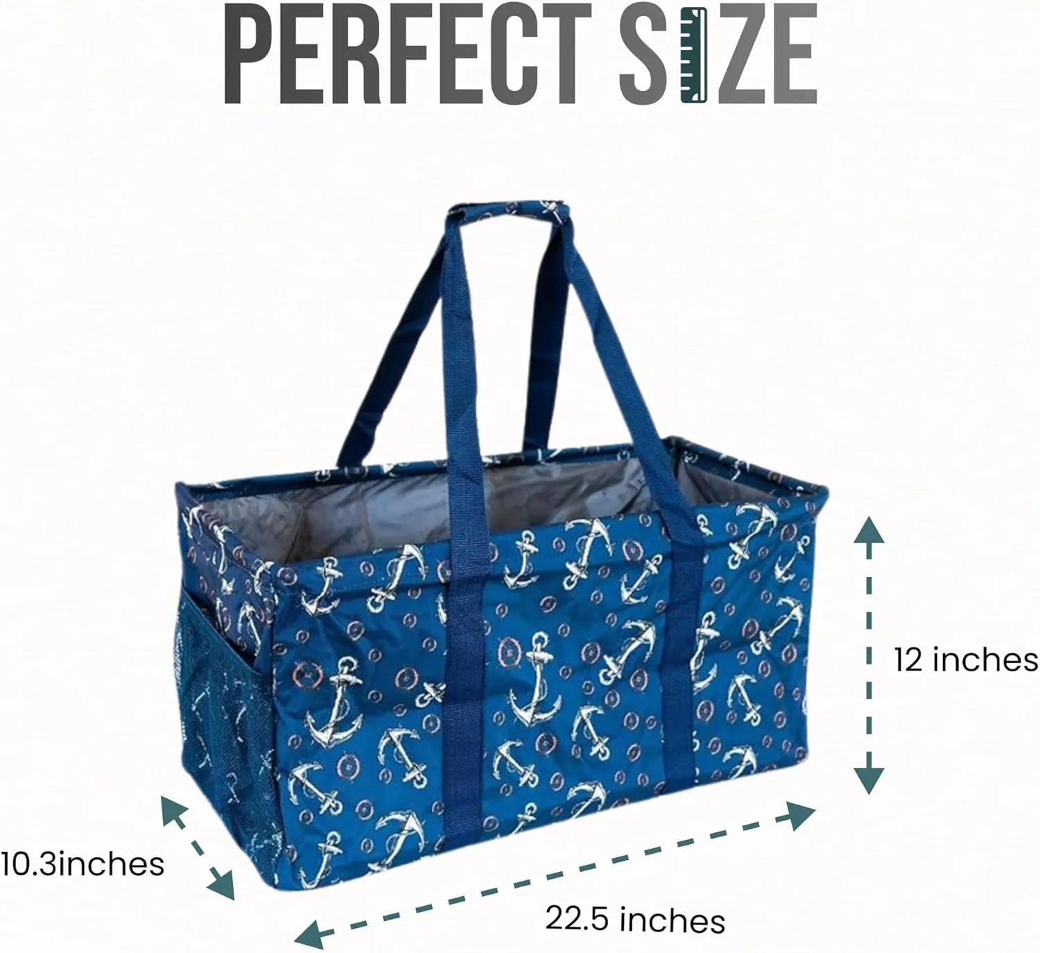 Extra Large Utility Tote Bag - Oversized Collapsible Reusable Wire Frame Rectangular Canvas Basket With Two Exterior Pockets For Beach, Pool, Laundry, Car Trunk, Storage - Anchor