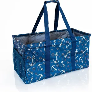 Extra Large Utility Tote Bag - Oversized Collapsible Reusable Wire Frame Rectangular Canvas Basket With Two Exterior Pockets For Beach, Pool, Laundry, Car Trunk, Storage - Anchor