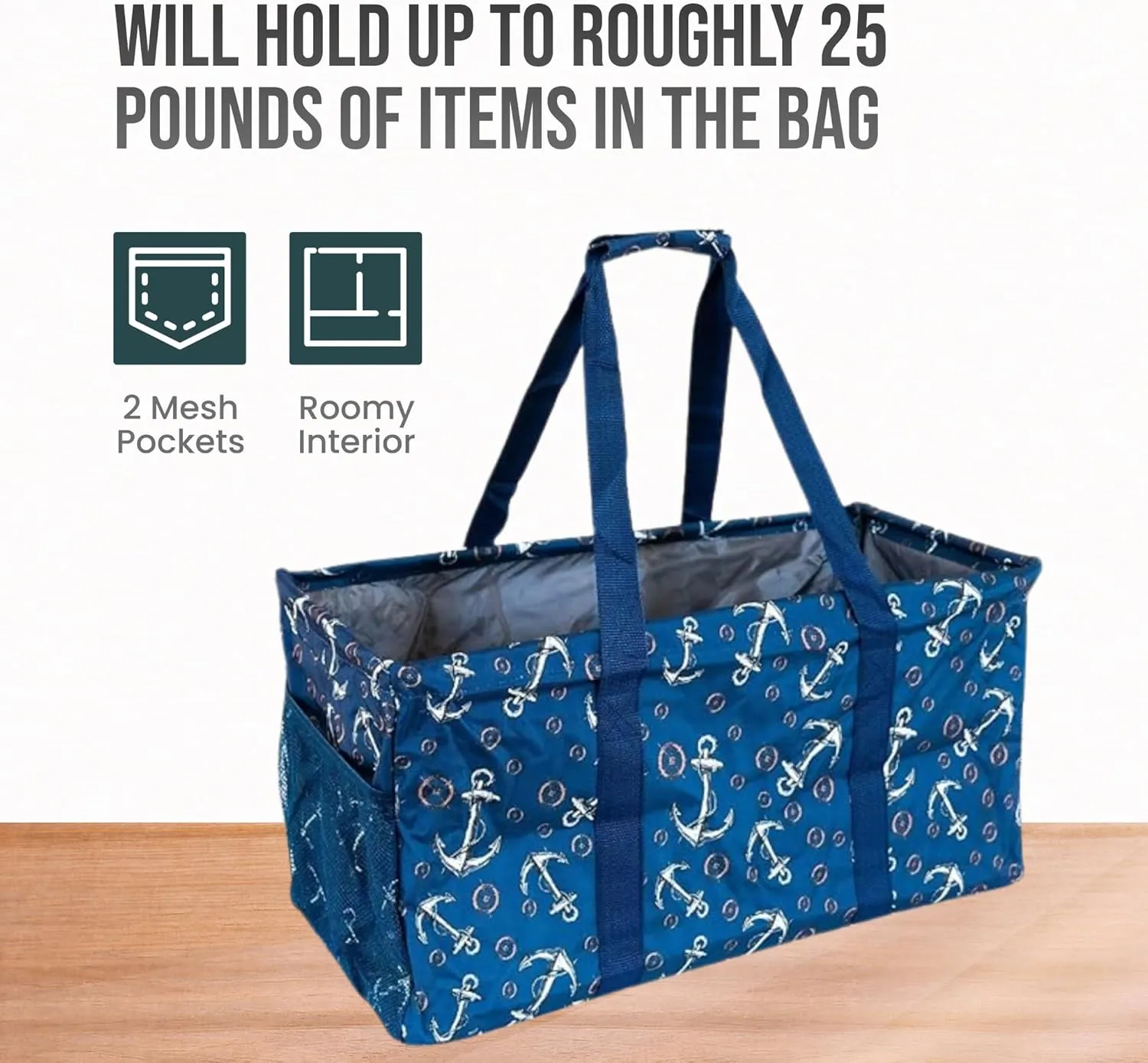 Extra Large Utility Tote Bag - Oversized Collapsible Reusable Wire Frame Rectangular Canvas Basket With Two Exterior Pockets For Beach, Pool, Laundry, Car Trunk, Storage - Anchor