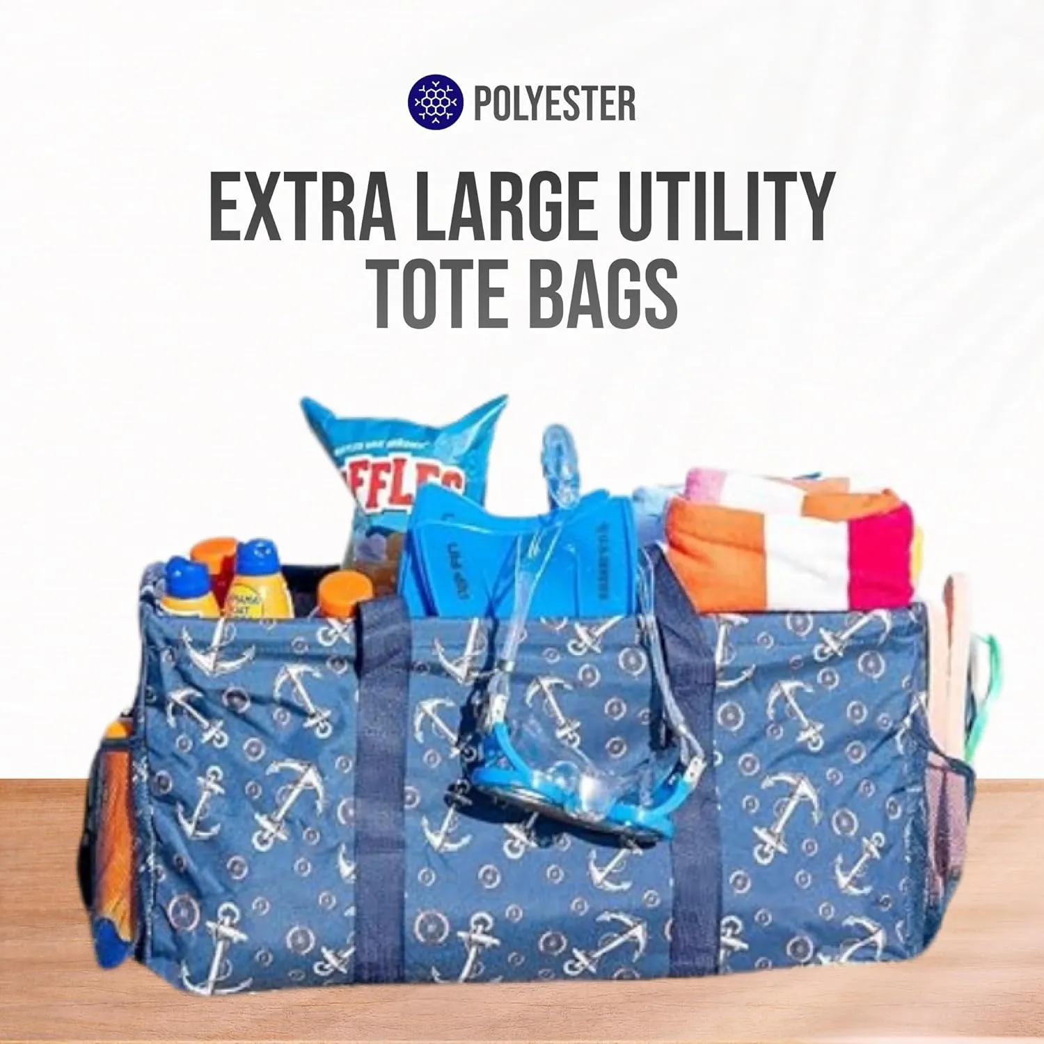 Extra Large Utility Tote Bag - Oversized Collapsible Reusable Wire Frame Rectangular Canvas Basket With Two Exterior Pockets For Beach, Pool, Laundry, Car Trunk, Storage - Anchor