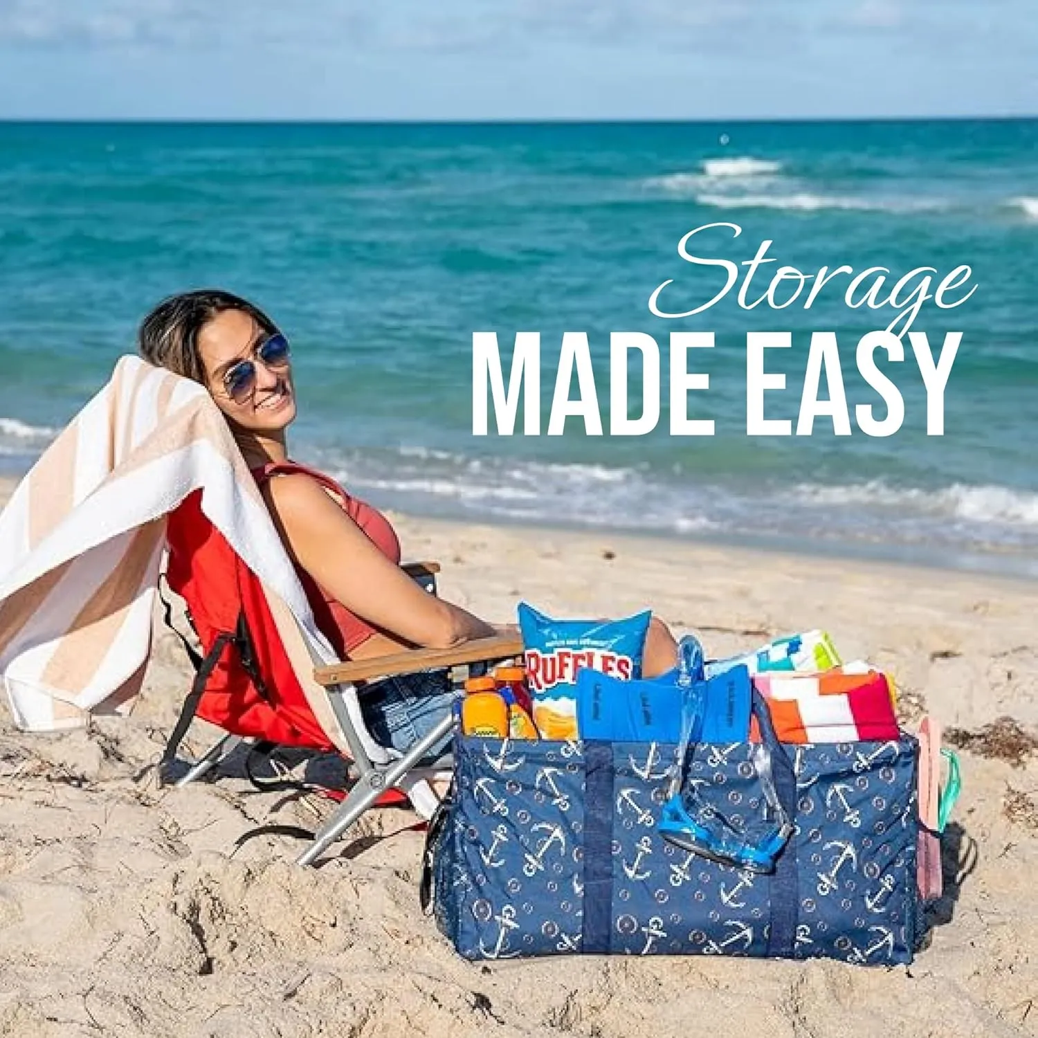 Extra Large Utility Tote Bag - Oversized Collapsible Reusable Wire Frame Rectangular Canvas Basket With Two Exterior Pockets For Beach, Pool, Laundry, Car Trunk, Storage - Anchor
