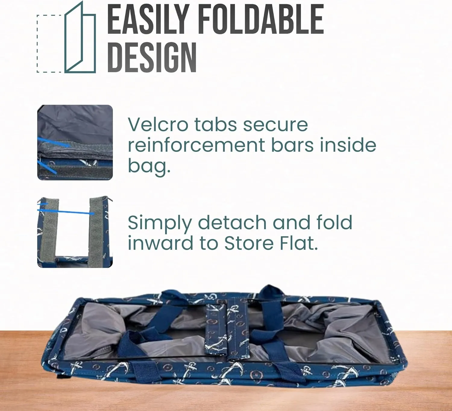 Extra Large Utility Tote Bag - Oversized Collapsible Reusable Wire Frame Rectangular Canvas Basket With Two Exterior Pockets For Beach, Pool, Laundry, Car Trunk, Storage - Anchor