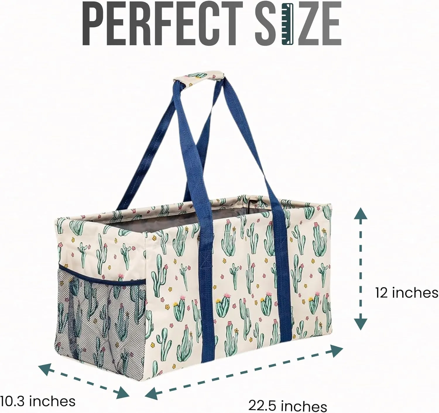 Extra Large Utility Tote Bag, Oversized Collapsible Reusable Wire Frame Rectangular Canvas Basket With Two Exterior Pockets For Beach, Pool, Laundry, Car Trunk, Storage - Cactus White