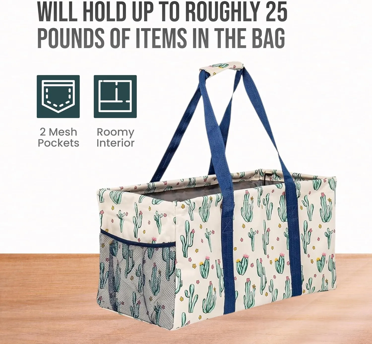 Extra Large Utility Tote Bag, Oversized Collapsible Reusable Wire Frame Rectangular Canvas Basket With Two Exterior Pockets For Beach, Pool, Laundry, Car Trunk, Storage - Cactus White
