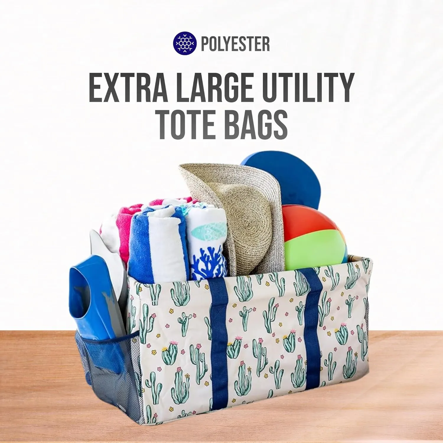 Extra Large Utility Tote Bag, Oversized Collapsible Reusable Wire Frame Rectangular Canvas Basket With Two Exterior Pockets For Beach, Pool, Laundry, Car Trunk, Storage - Cactus White