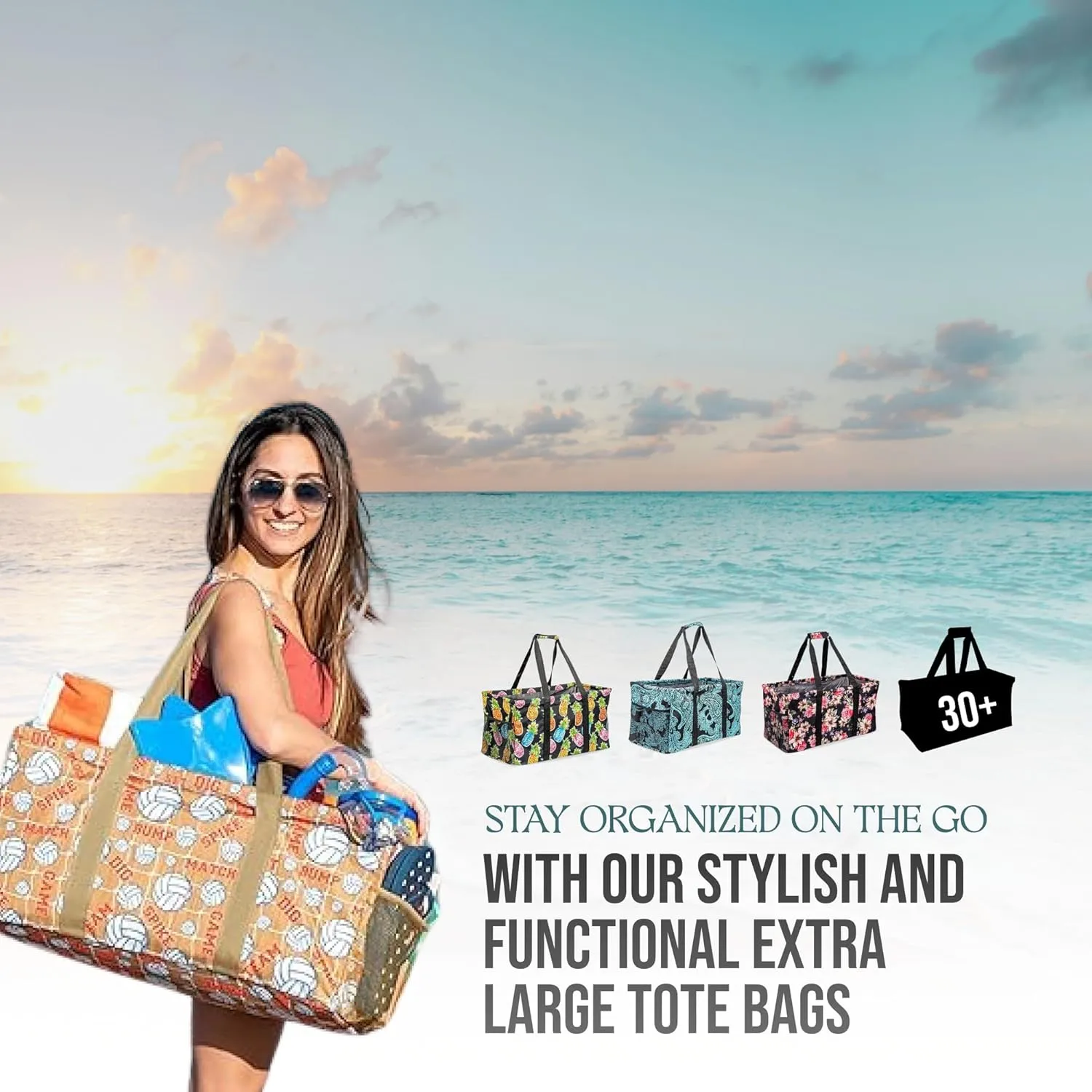 Extra Large Utility Tote Bag - Oversized Collapsible Reusable Wire Frame Rectangular Canvas Basket With Two Exterior Pockets For Beach, Pool, Laundry, Car Trunk, Storage - Chevron Multi