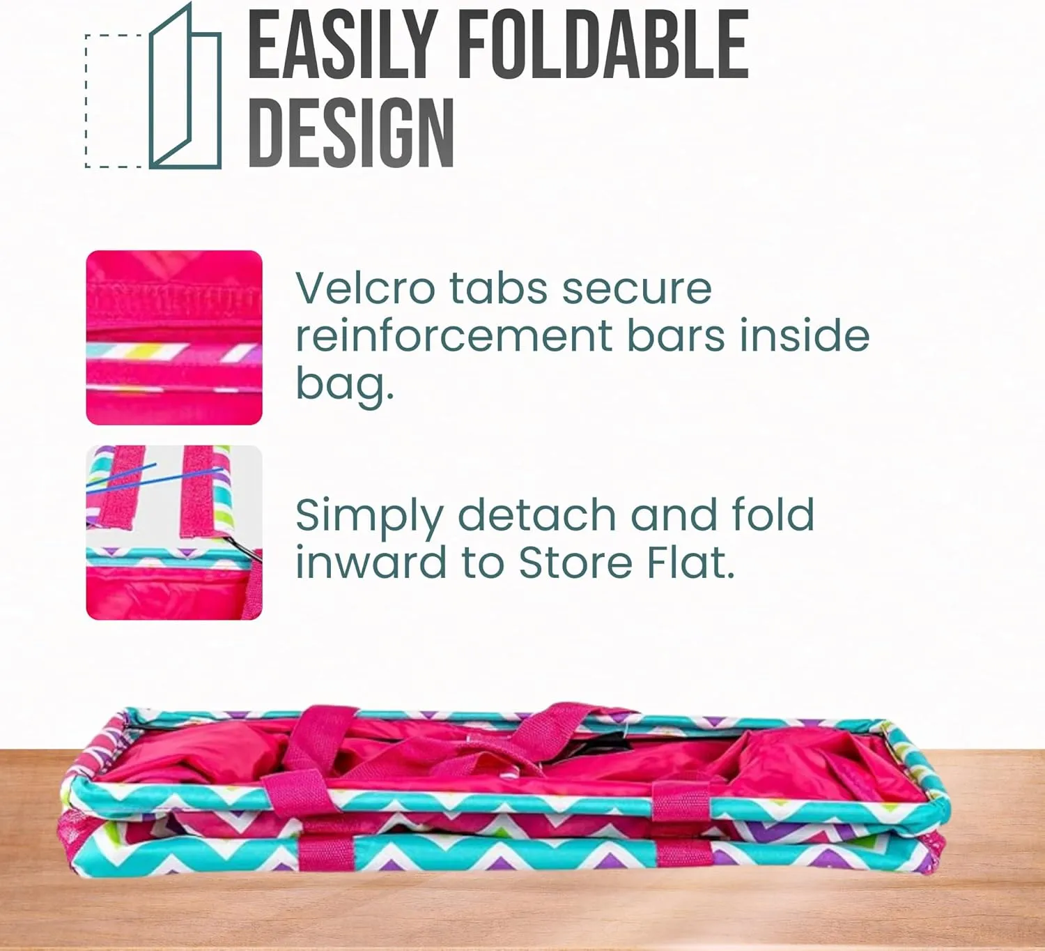 Extra Large Utility Tote Bag - Oversized Collapsible Reusable Wire Frame Rectangular Canvas Basket With Two Exterior Pockets For Beach, Pool, Laundry, Car Trunk, Storage - Chevron Multi