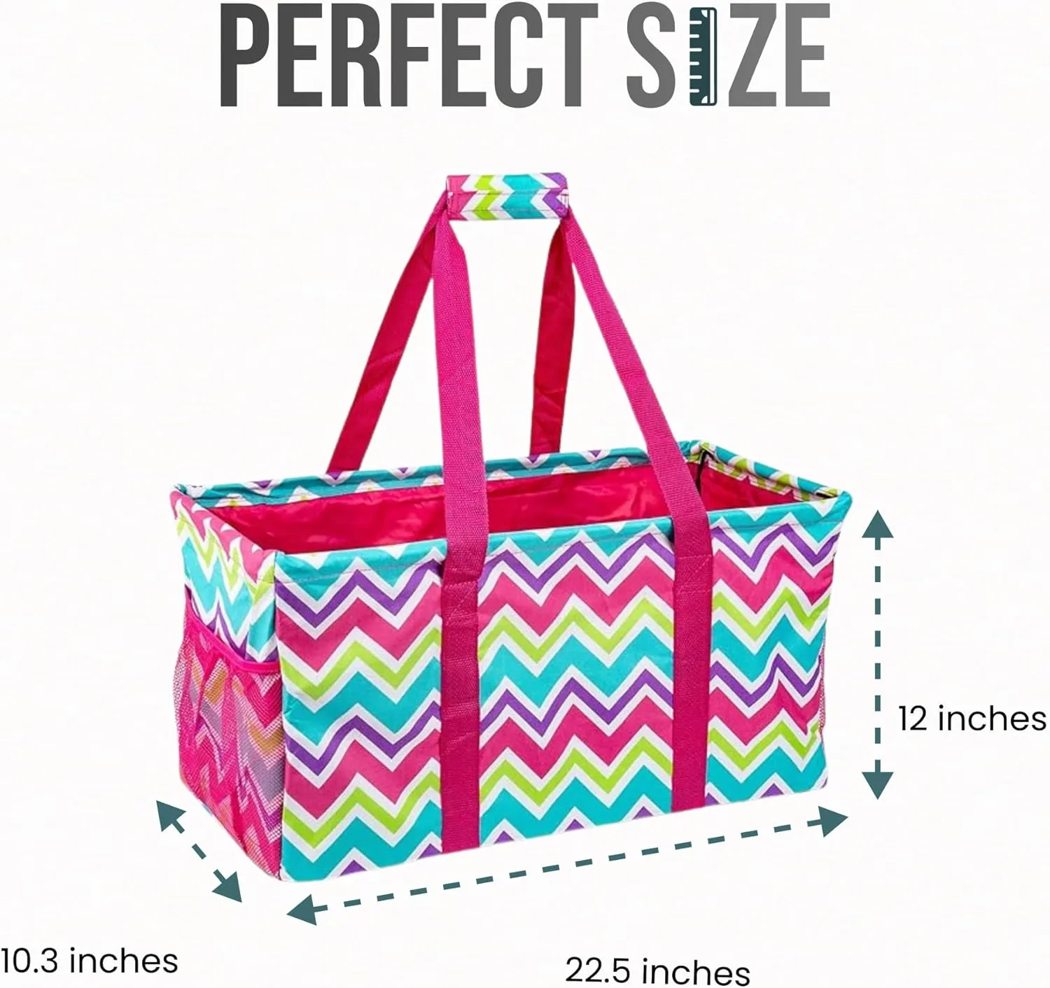 Extra Large Utility Tote Bag - Oversized Collapsible Reusable Wire Frame Rectangular Canvas Basket With Two Exterior Pockets For Beach, Pool, Laundry, Car Trunk, Storage - Chevron Multi