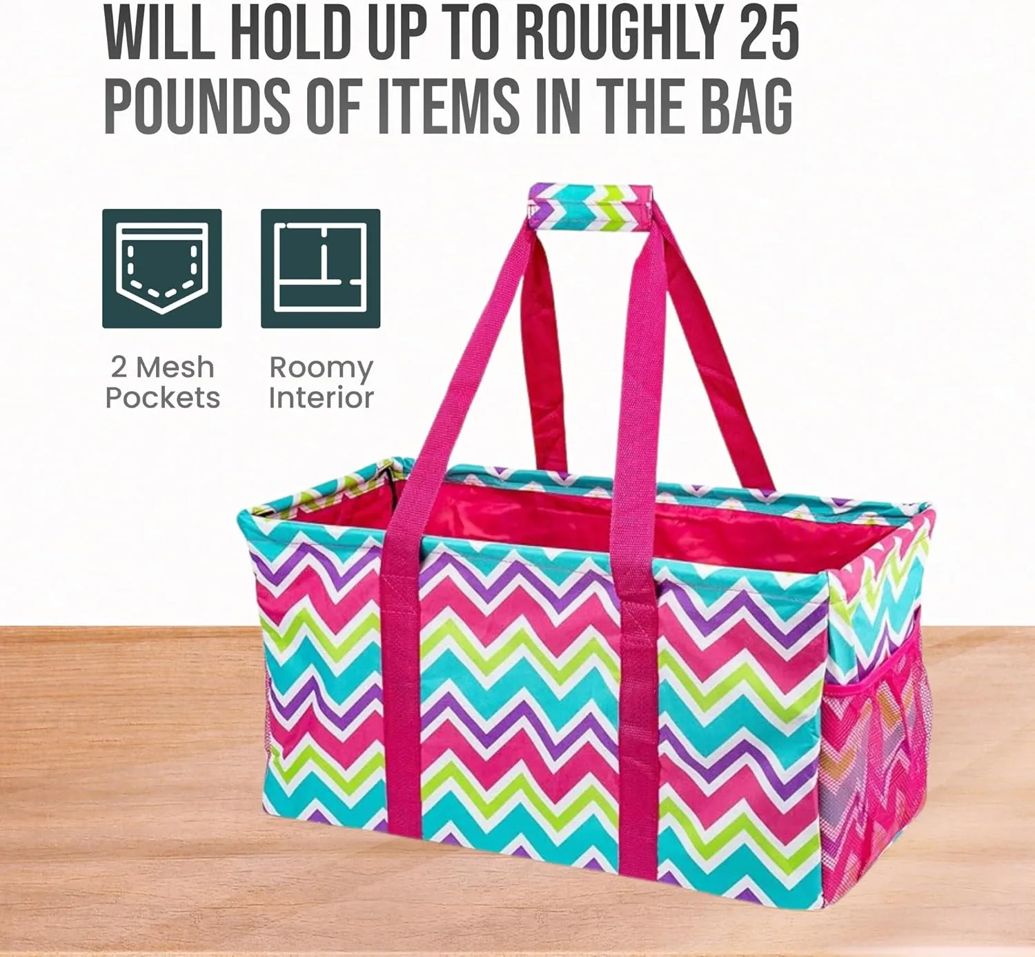 Extra Large Utility Tote Bag - Oversized Collapsible Reusable Wire Frame Rectangular Canvas Basket With Two Exterior Pockets For Beach, Pool, Laundry, Car Trunk, Storage - Chevron Multi