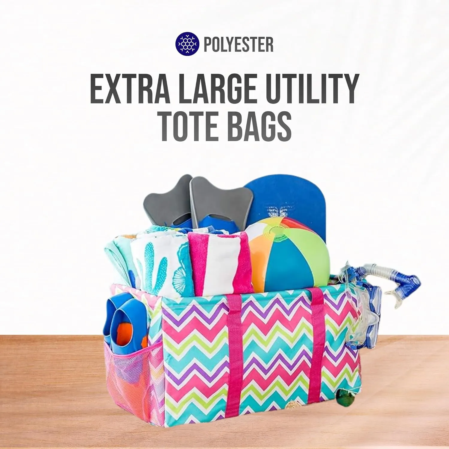 Extra Large Utility Tote Bag - Oversized Collapsible Reusable Wire Frame Rectangular Canvas Basket With Two Exterior Pockets For Beach, Pool, Laundry, Car Trunk, Storage - Chevron Multi
