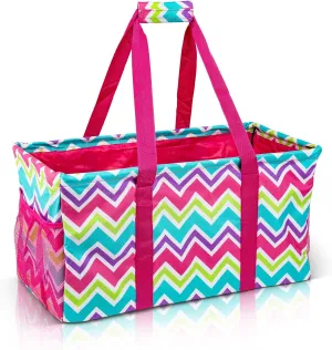 Extra Large Utility Tote Bag - Oversized Collapsible Reusable Wire Frame Rectangular Canvas Basket With Two Exterior Pockets For Beach, Pool, Laundry, Car Trunk, Storage - Chevron Multi