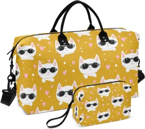 Eyeglasses Kitten Heart Mustard Sports Gym Bag for Women Men Travel Duffel Bag Weekend Overnight Carry on Bag with Toiletry Bag Yoga Bag for Plane Hospital Workout Swimming Yoga