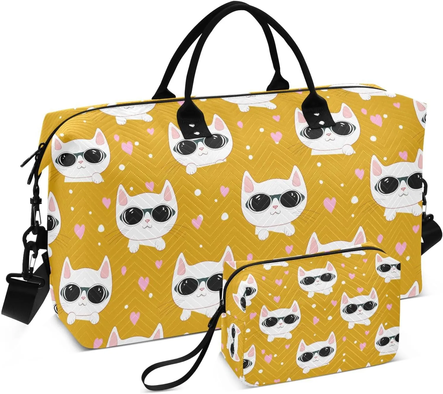 Eyeglasses Kitten Heart Mustard Sports Gym Bag for Women Men Travel Duffel Bag Weekend Overnight Carry on Bag with Toiletry Bag Yoga Bag for Plane Hospital Workout Swimming Yoga