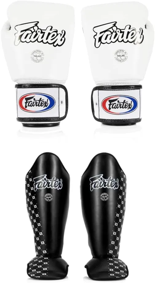 Fairtex BGV1 16 oz White Glove   SP5 Black Medium Shin Guards
