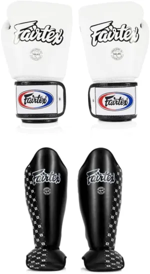Fairtex BGV1 16 oz White Glove   SP5 Black Medium Shin Guards