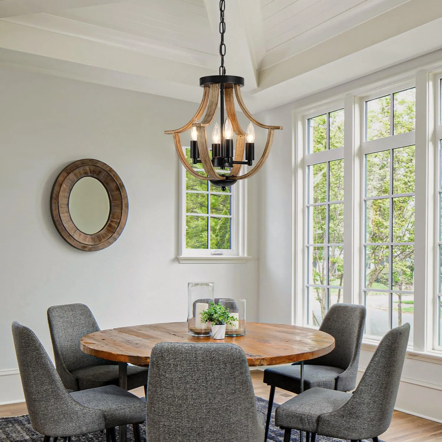 Farmhouse Hanging Pendant Lighting, 4-Light Rustic Flush Mount Ceiling Light Fixture,Modern Faux Wood Vintage Chandelier for Dining Room Kitchen Island Foyer Hallway Entryway Bedroom