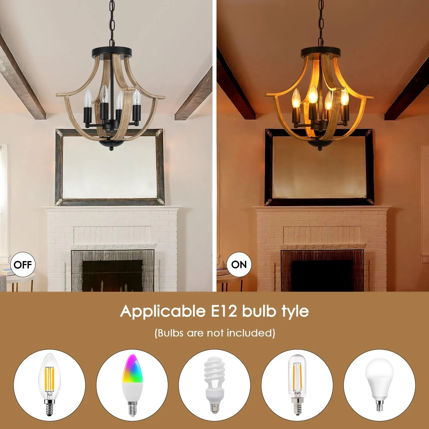Farmhouse Hanging Pendant Lighting, 4-Light Rustic Flush Mount Ceiling Light Fixture,Modern Faux Wood Vintage Chandelier for Dining Room Kitchen Island Foyer Hallway Entryway Bedroom