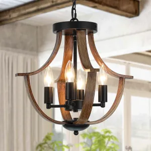 Farmhouse Hanging Pendant Lighting, 4-Light Rustic Flush Mount Ceiling Light Fixture,Modern Faux Wood Vintage Chandelier for Dining Room Kitchen Island Foyer Hallway Entryway Bedroom