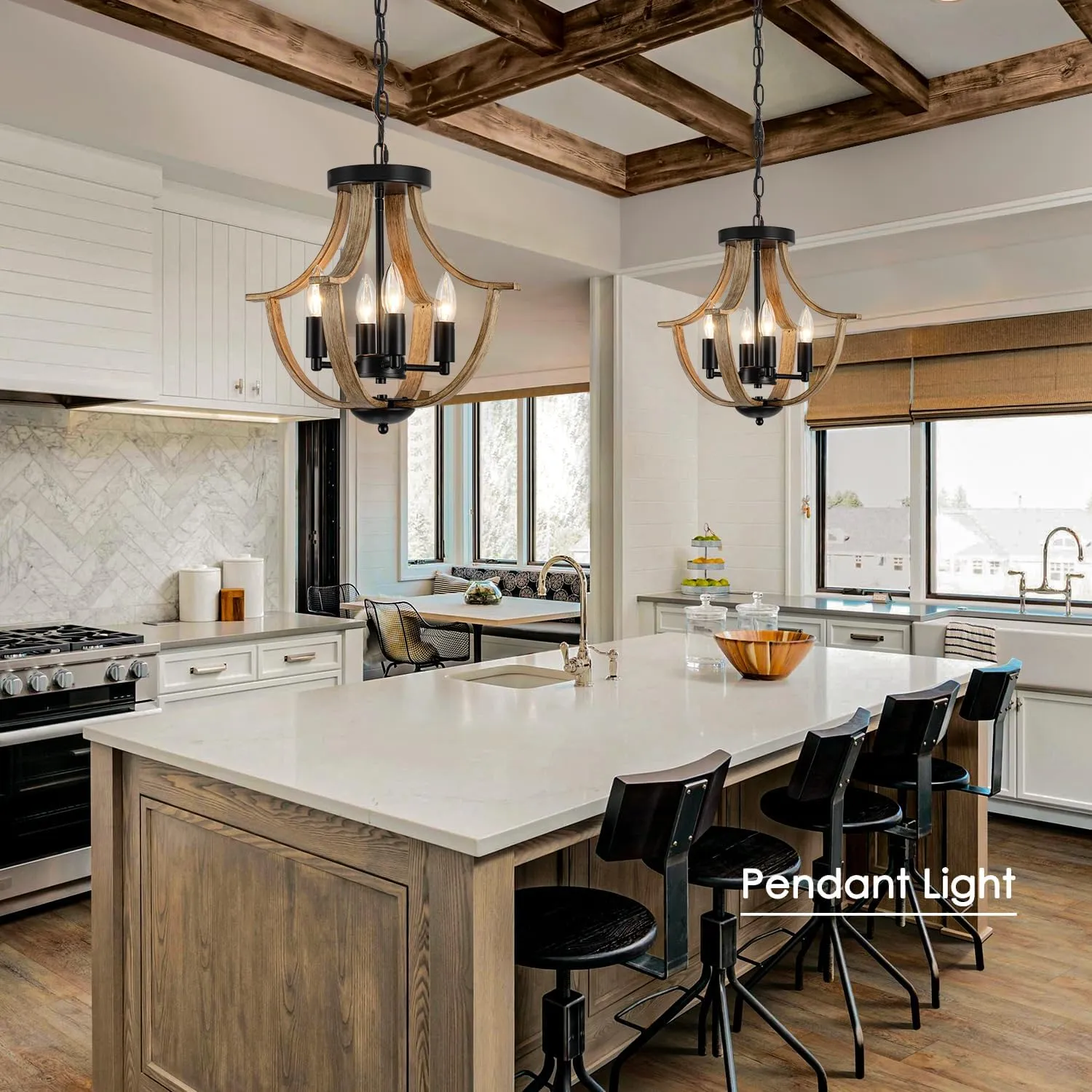 Farmhouse Hanging Pendant Lighting, 4-Light Rustic Flush Mount Ceiling Light Fixture,Modern Faux Wood Vintage Chandelier for Dining Room Kitchen Island Foyer Hallway Entryway Bedroom