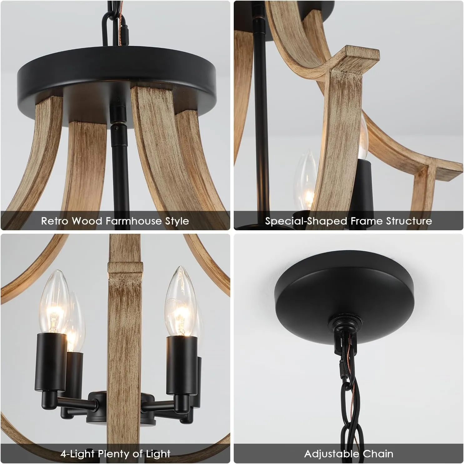Farmhouse Hanging Pendant Lighting, 4-Light Rustic Flush Mount Ceiling Light Fixture,Modern Faux Wood Vintage Chandelier for Dining Room Kitchen Island Foyer Hallway Entryway Bedroom