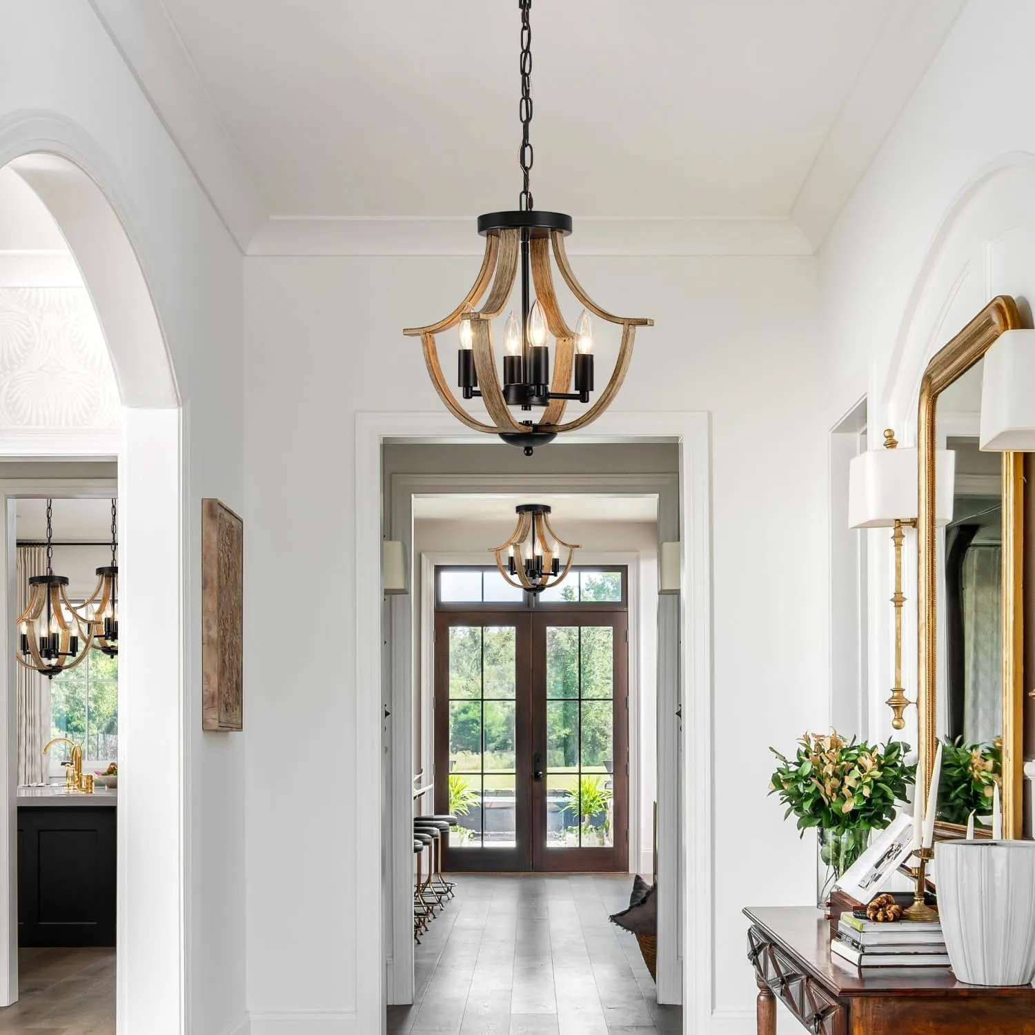 Farmhouse Hanging Pendant Lighting, 4-Light Rustic Flush Mount Ceiling Light Fixture,Modern Faux Wood Vintage Chandelier for Dining Room Kitchen Island Foyer Hallway Entryway Bedroom