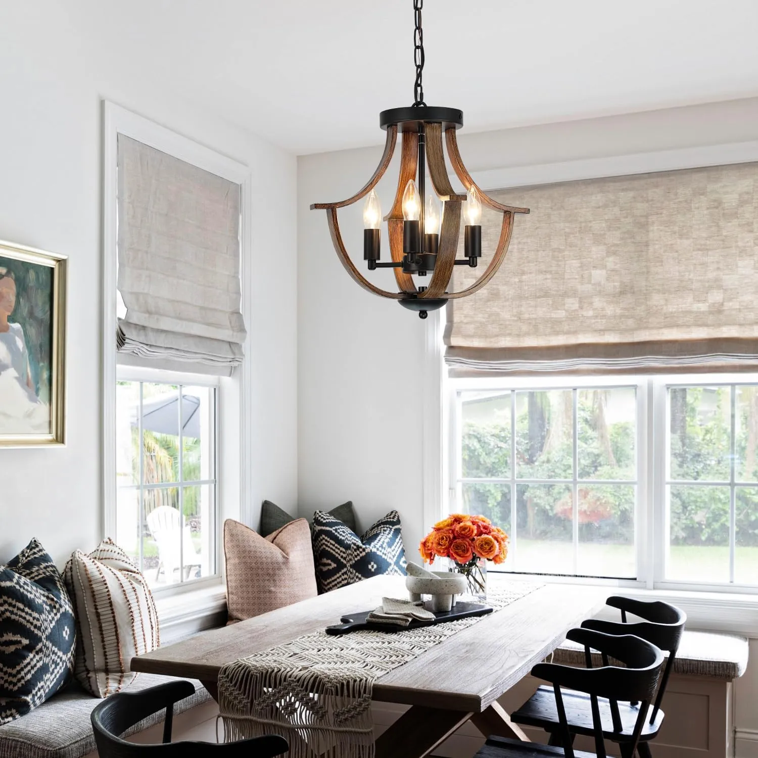 Farmhouse Hanging Pendant Lighting, 4-Light Rustic Flush Mount Ceiling Light Fixture,Modern Faux Wood Vintage Chandelier for Dining Room Kitchen Island Foyer Hallway Entryway Bedroom