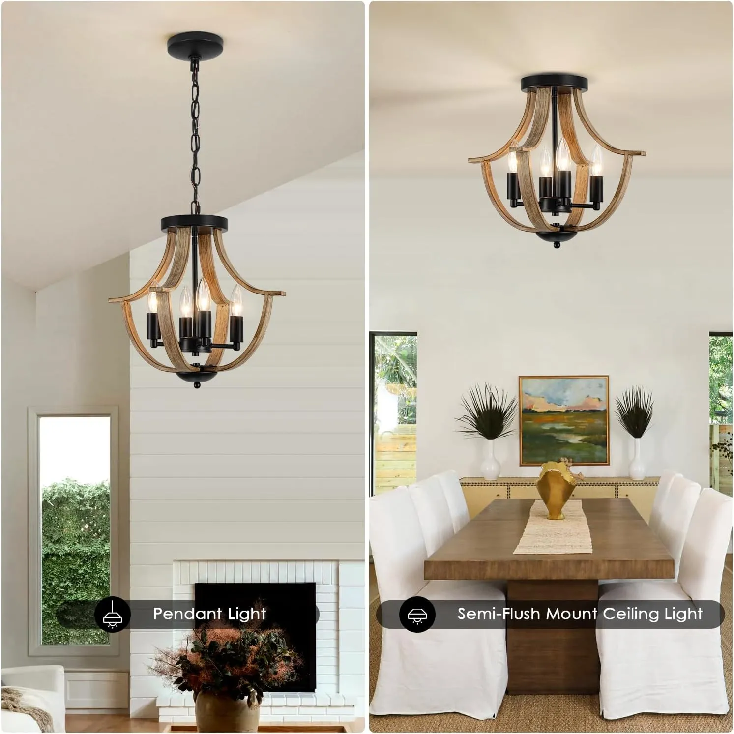 Farmhouse Hanging Pendant Lighting, 4-Light Rustic Flush Mount Ceiling Light Fixture,Modern Faux Wood Vintage Chandelier for Dining Room Kitchen Island Foyer Hallway Entryway Bedroom