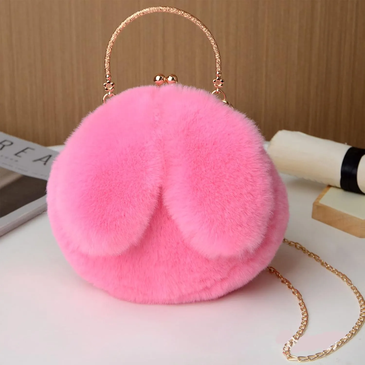 Fashion Faux Fur Rabbit Handbag,Women Ladies Girl Tote Bag Cossbody Bag With Zinc Alloy Chain