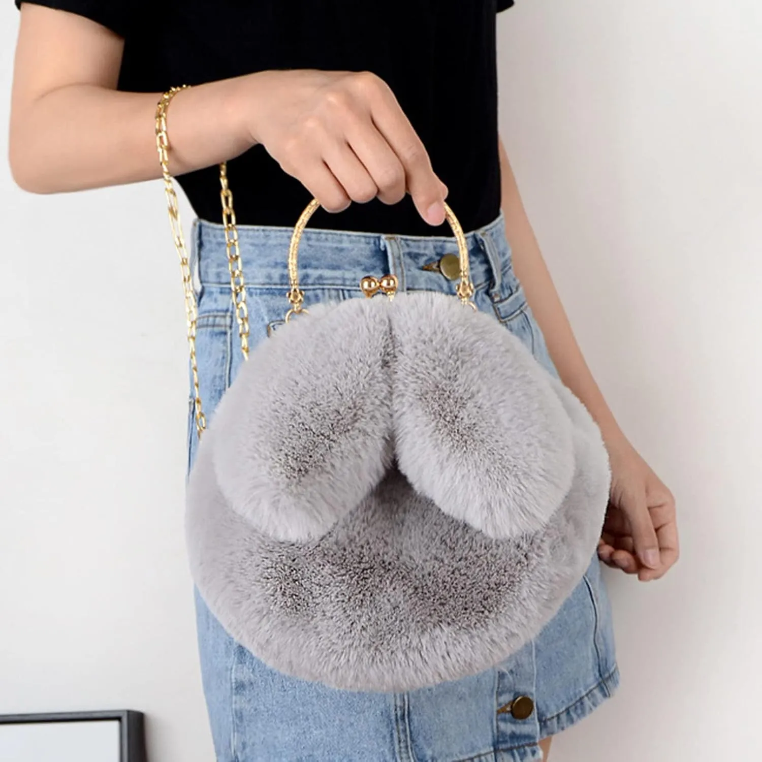 Fashion Faux Fur Rabbit Handbag,Women Ladies Girl Tote Bag Cossbody Bag With Zinc Alloy Chain