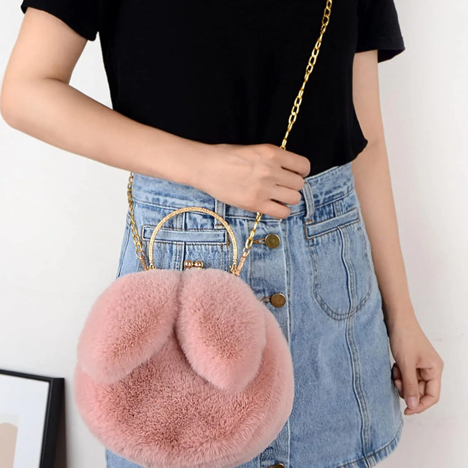 Fashion Faux Fur Rabbit Handbag,Women Ladies Girl Tote Bag Cossbody Bag With Zinc Alloy Chain