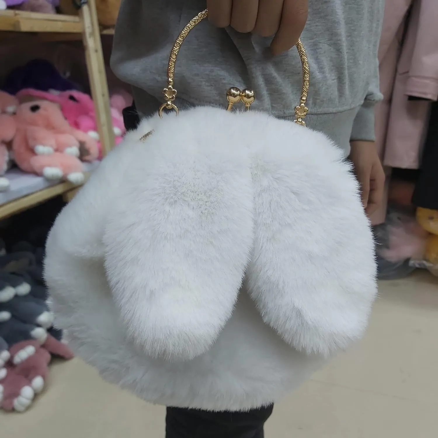 Fashion Faux Fur Rabbit Handbag,Women Ladies Girl Tote Bag Cossbody Bag With Zinc Alloy Chain