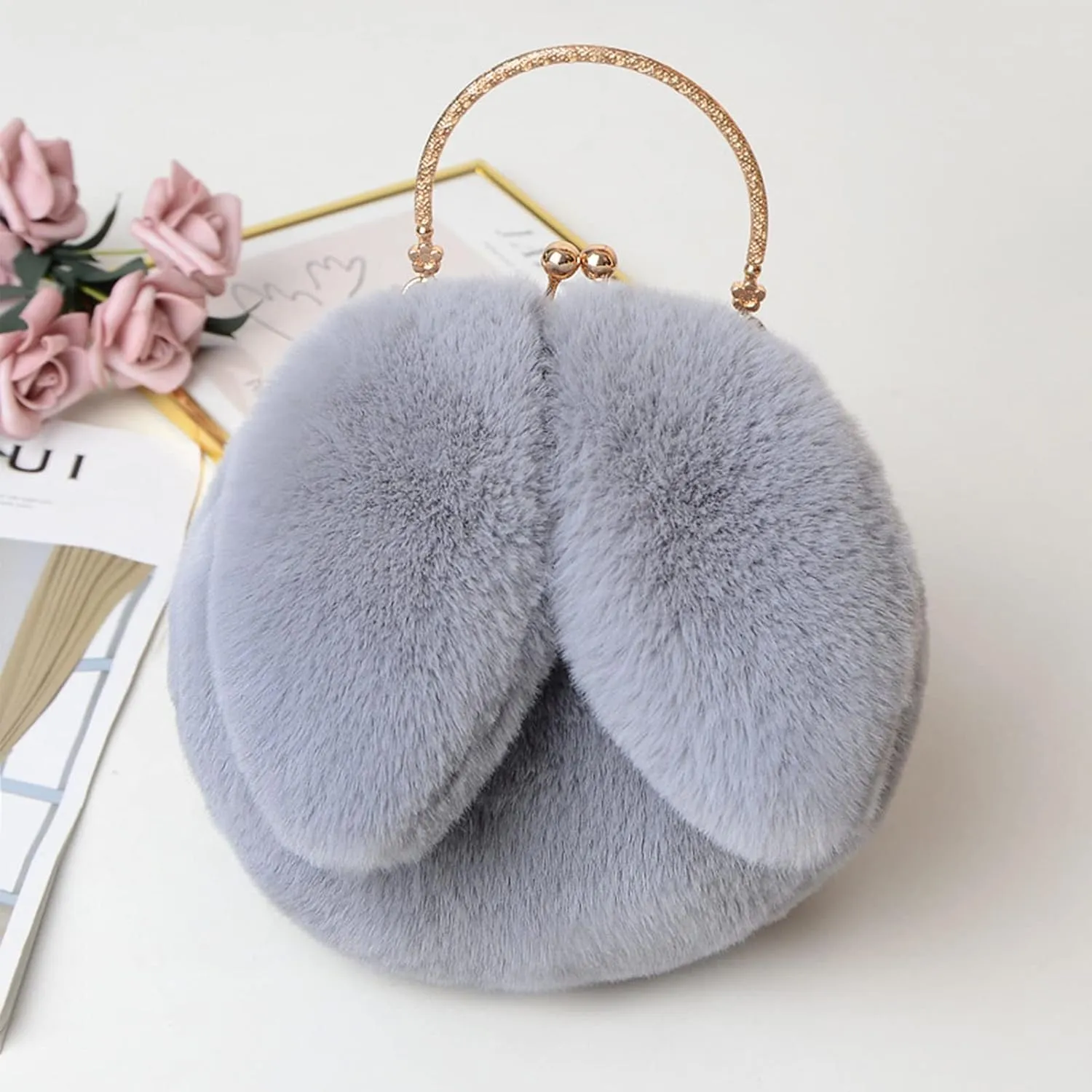 Fashion Faux Fur Rabbit Handbag,Women Ladies Girl Tote Bag Cossbody Bag With Zinc Alloy Chain