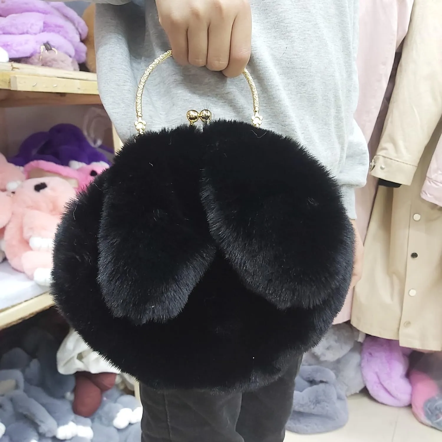 Fashion Faux Fur Rabbit Handbag,Women Ladies Girl Tote Bag Cossbody Bag With Zinc Alloy Chain