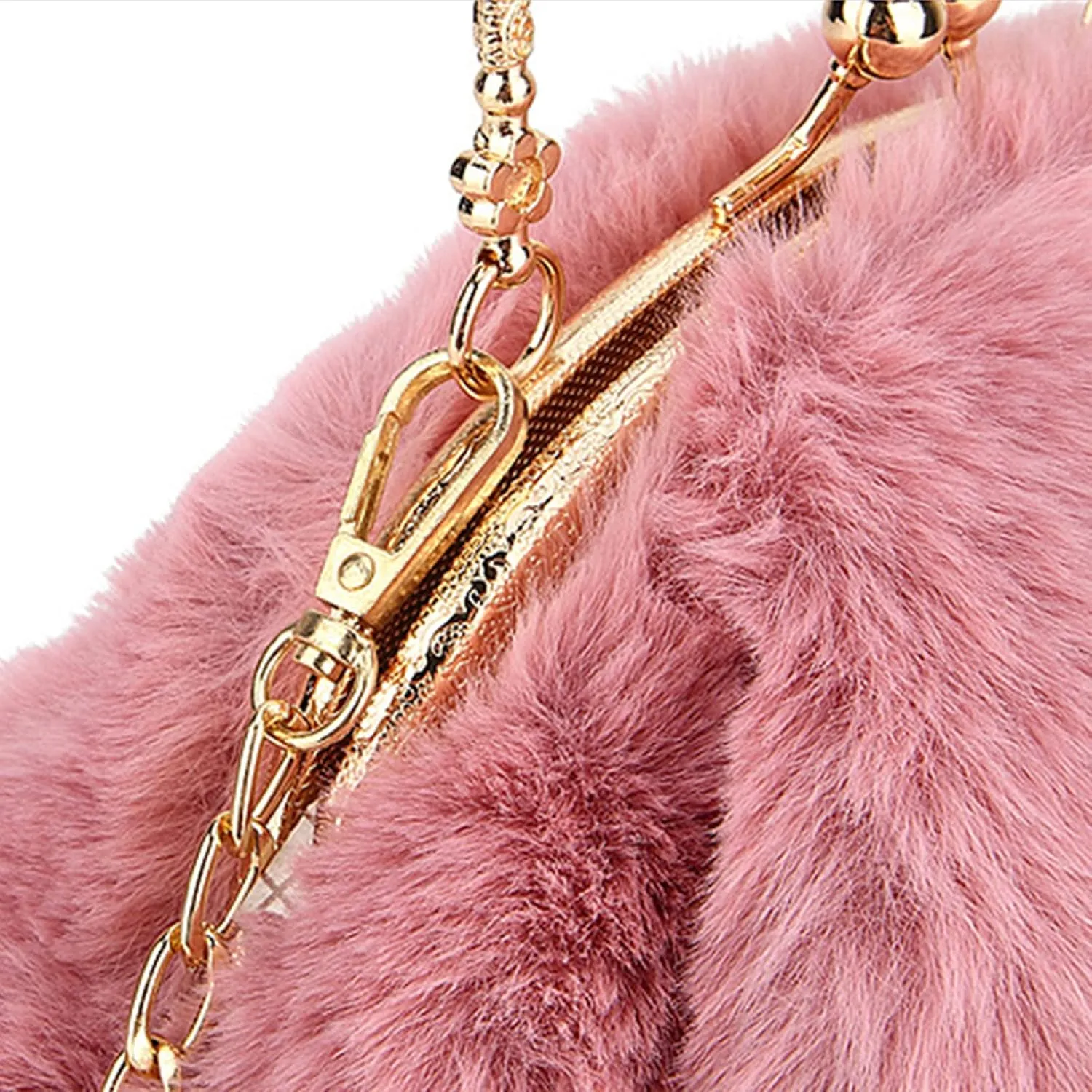 Fashion Faux Fur Rabbit Handbag,Women Ladies Girl Tote Bag Cossbody Bag With Zinc Alloy Chain