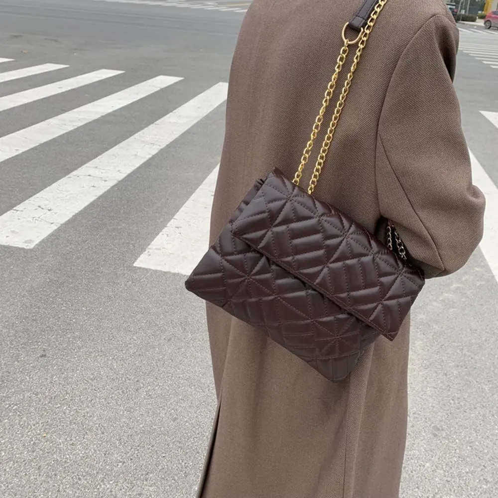 Fashion Quilted Leather Shoulder Bag for Women with Chain - Casual Crossbody Envelope Bag (Brown)