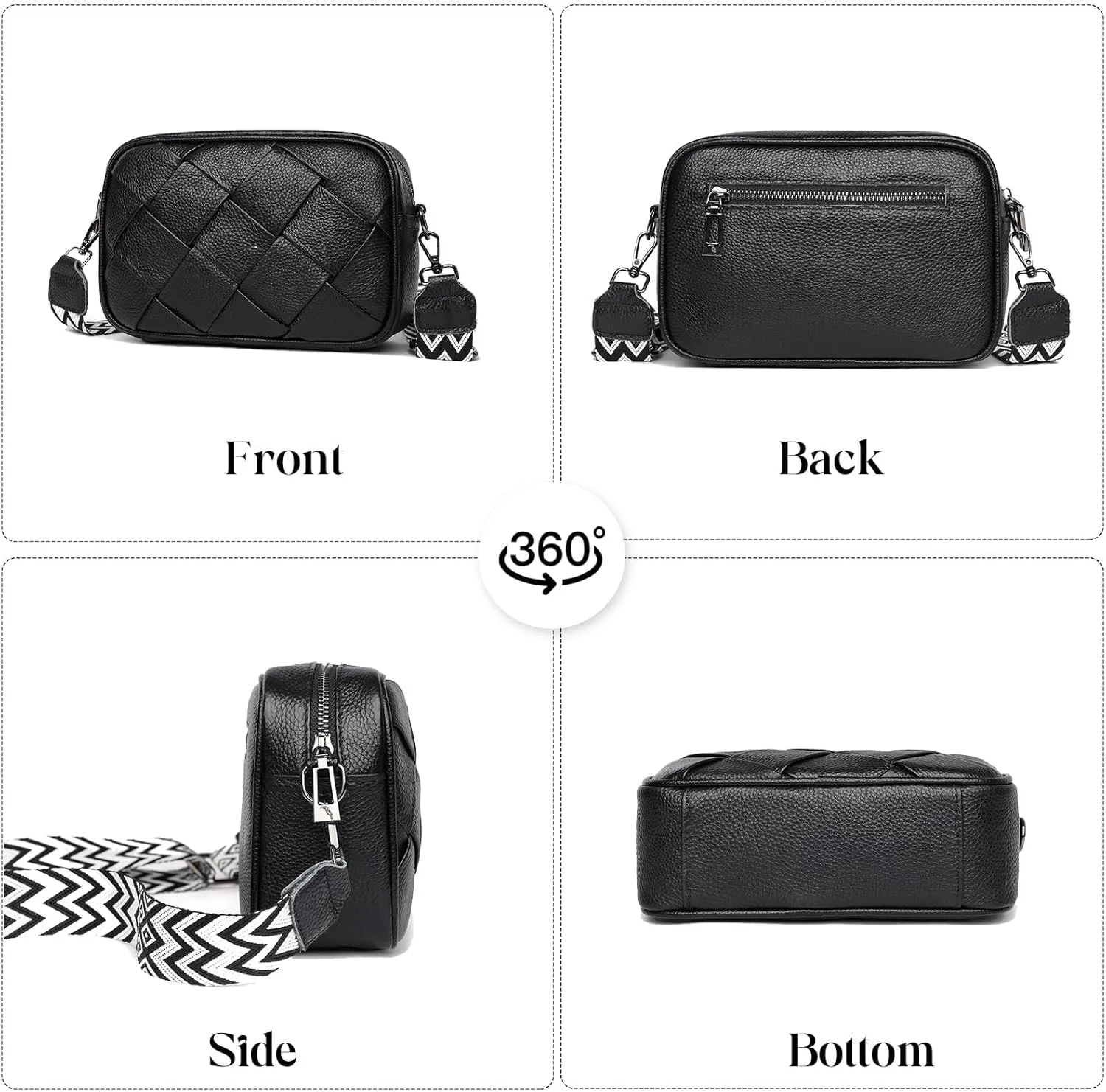 FAYBA Woven Crossbody for Women, Wide Strap Genuine Leather Shoulder Bag, Small Handbag Satchel With Guitar Strap