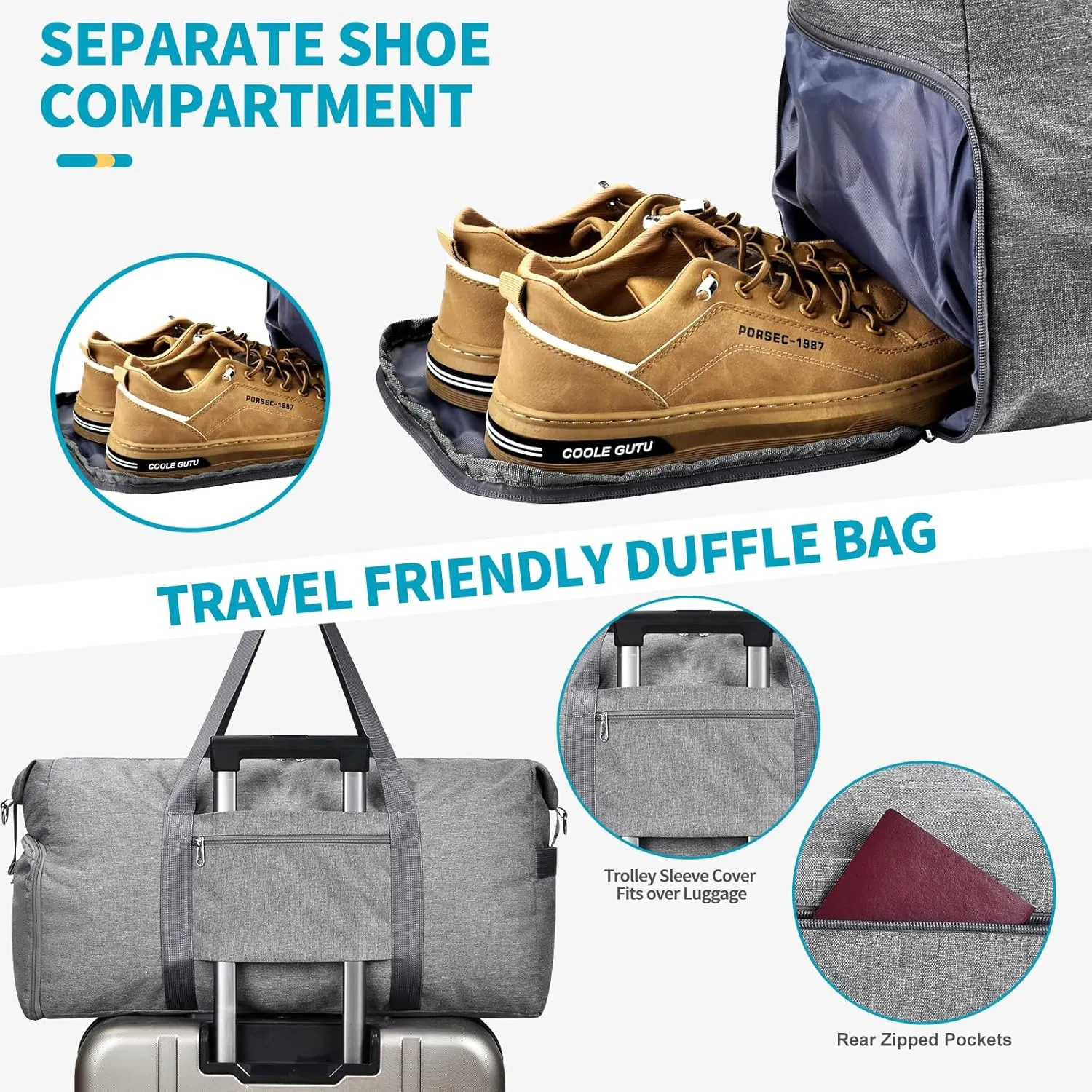 Felipe Varela For Spirit Airlines Personal Item Bag 18x14x8, Foldable Travel Duffel Bags Small Overnight weekender Gym Duffle Carry on Luggage Underseat Bag with Wet Pocket(Grey, 30L)