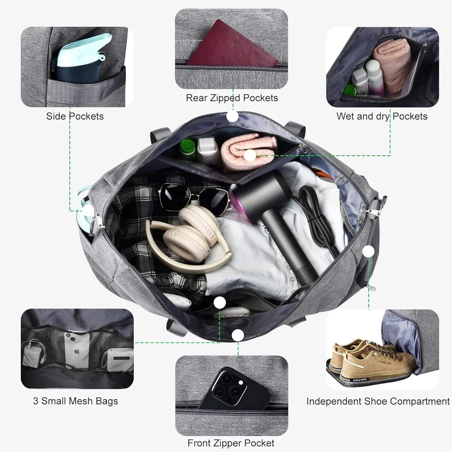 Felipe Varela For Spirit Airlines Personal Item Bag 18x14x8, Foldable Travel Duffel Bags Small Overnight weekender Gym Duffle Carry on Luggage Underseat Bag with Wet Pocket(Grey, 30L)