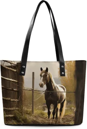 Fence And Horse Leather Lady's Handbag Crossbody Purse for Women Ladies Soft Shoulder Bag Medium Roomy Handbag Fashion Tote Top Handle Satchel