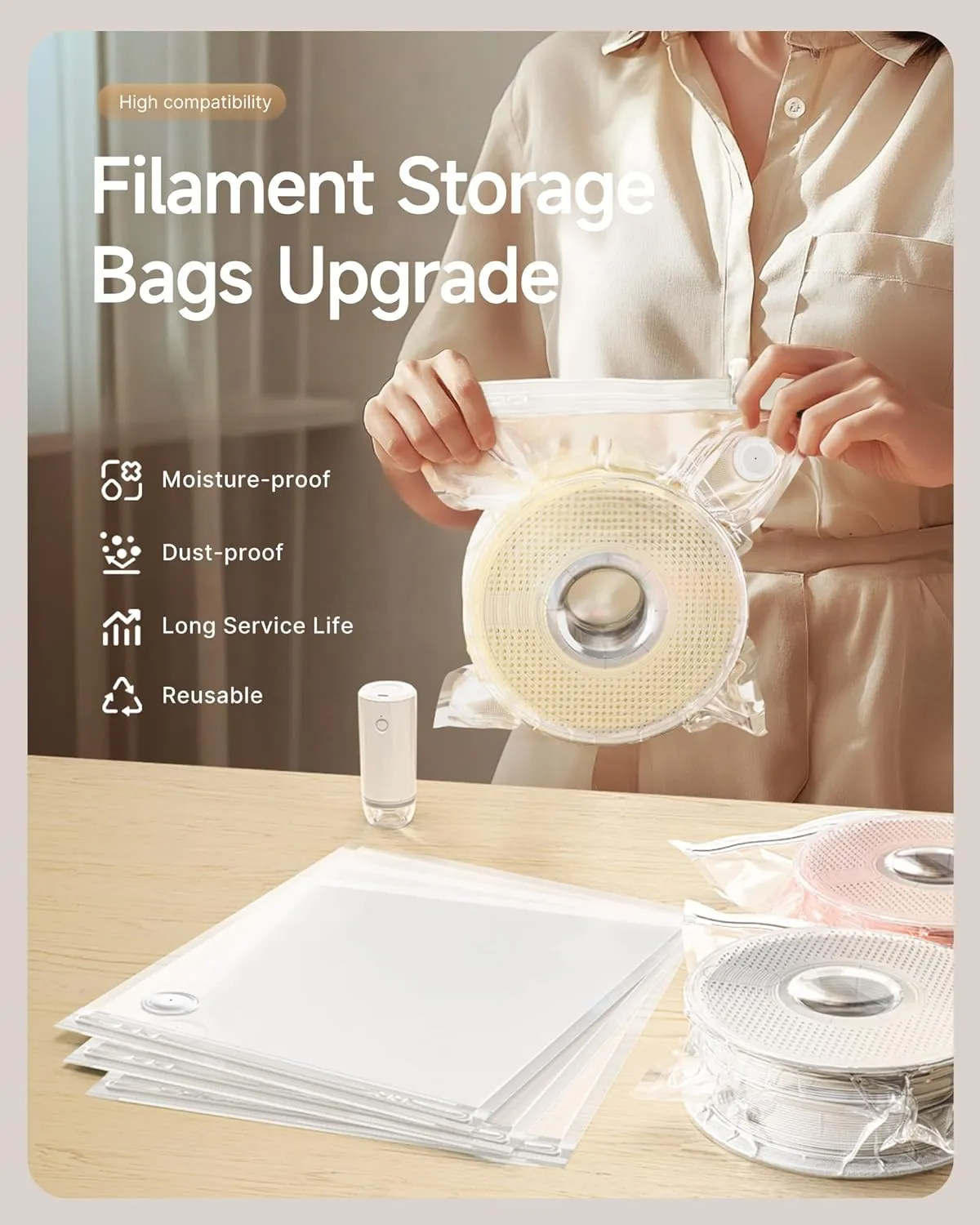 Filament Storage Bags with Auto Pump, 20 Extra Large Upgrade Valve Bags (14.9 * 13 inch) Plus 20 Desiccants and 5 Clips, Extra Large Filament Vacuum Bags Designed for Bambulab Reusable Spool