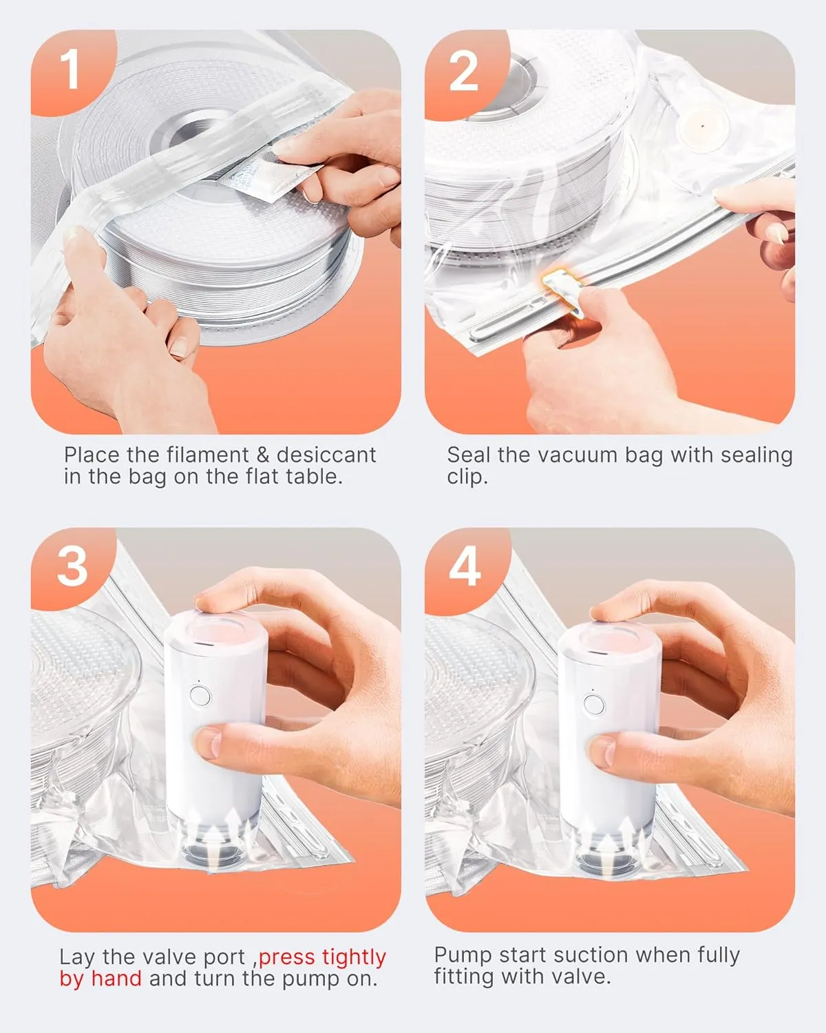 Filament Storage Bags with Auto Pump, 20 Extra Large Upgrade Valve Bags (14.9 * 13 inch) Plus 20 Desiccants and 5 Clips, Extra Large Filament Vacuum Bags Designed for Bambulab Reusable Spool