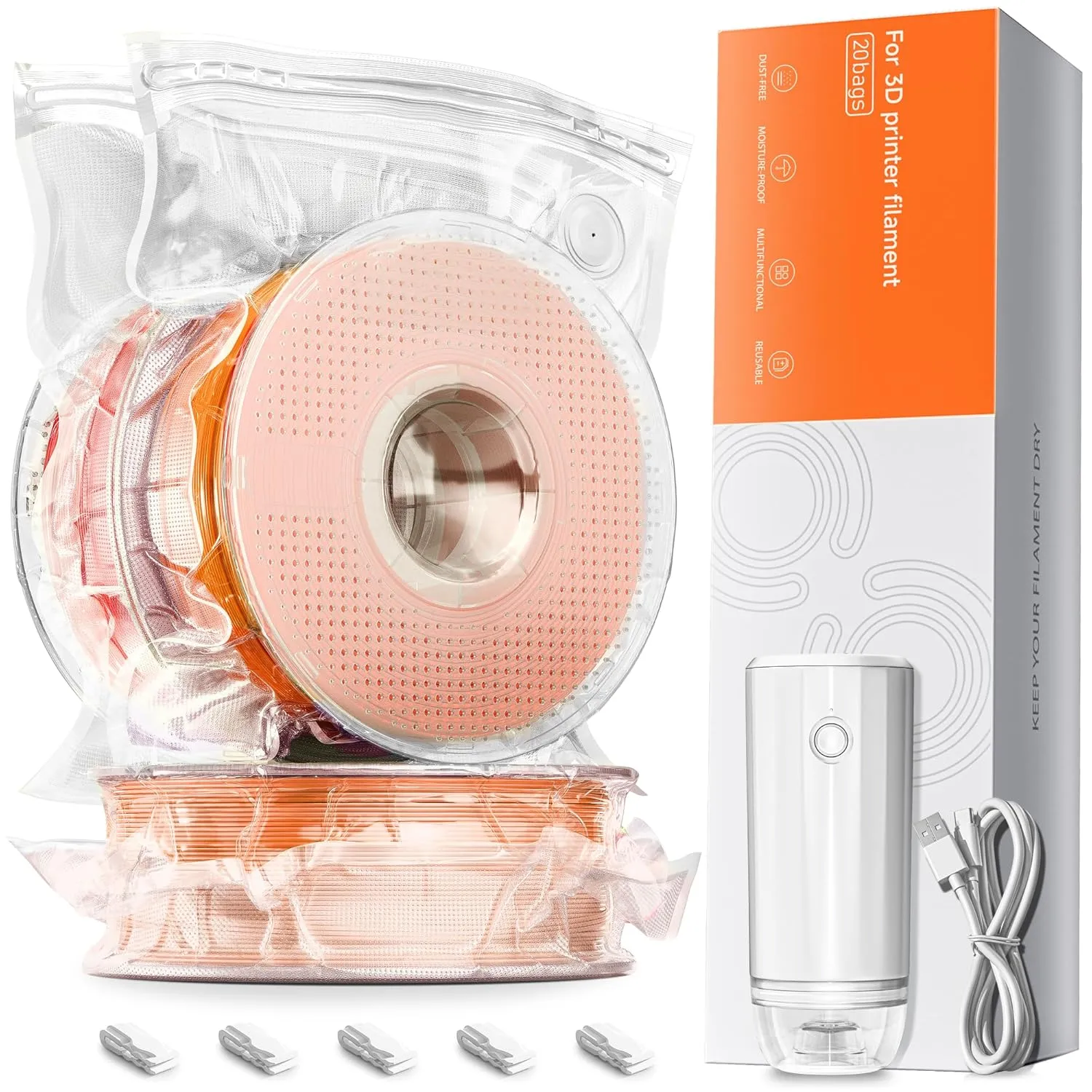 Filament Storage Bags with Auto Pump, 20 Extra Large Upgrade Valve Bags (14.9 * 13 inch) Plus 20 Desiccants and 5 Clips, Extra Large Filament Vacuum Bags Designed for Bambulab Reusable Spool